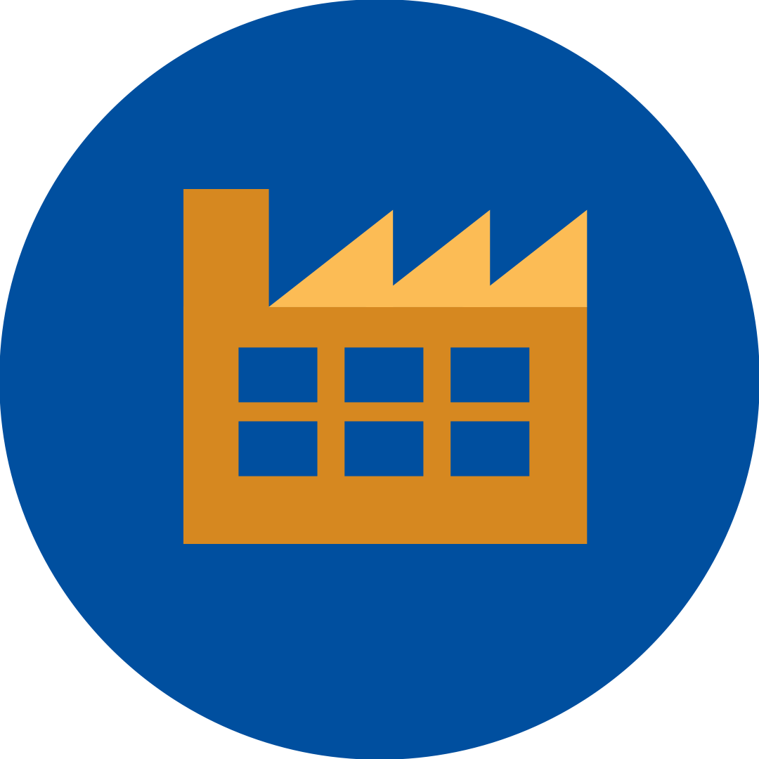 orange industrial building with windows in a blue circle.