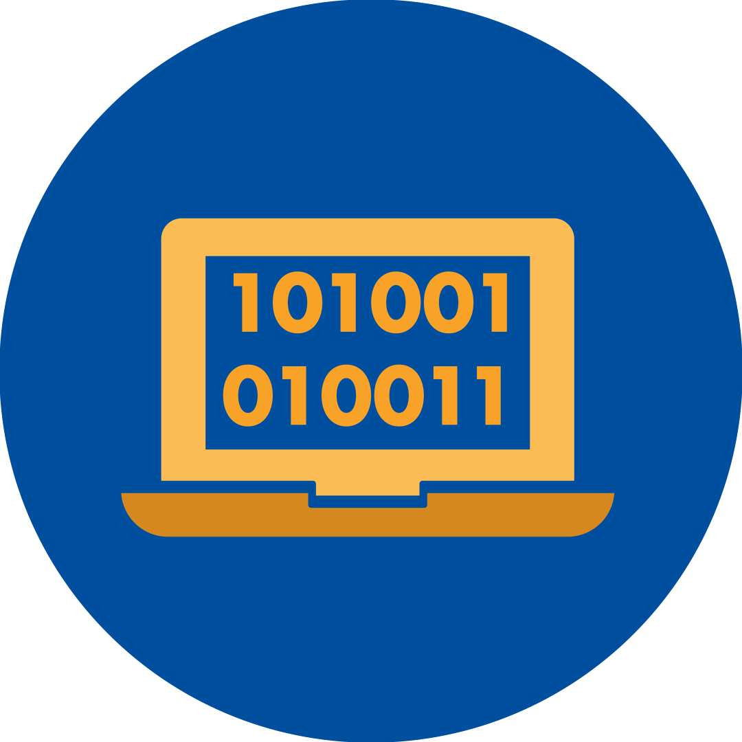 the number sequence "101001010011" displayed on screen of an orange laptop in a blue circle.