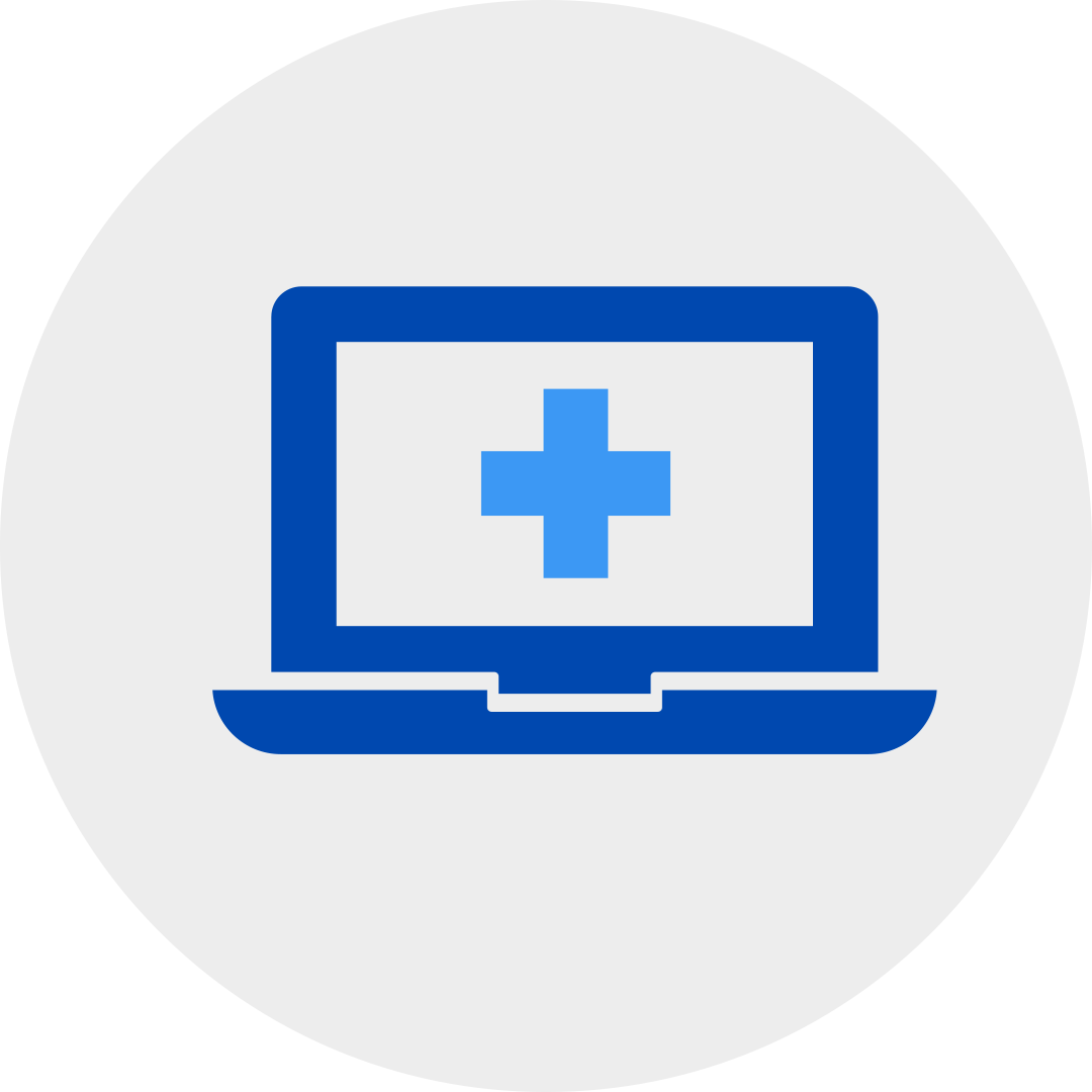 a medical cross displayed on the screen of a blue laptop in a grey circle.