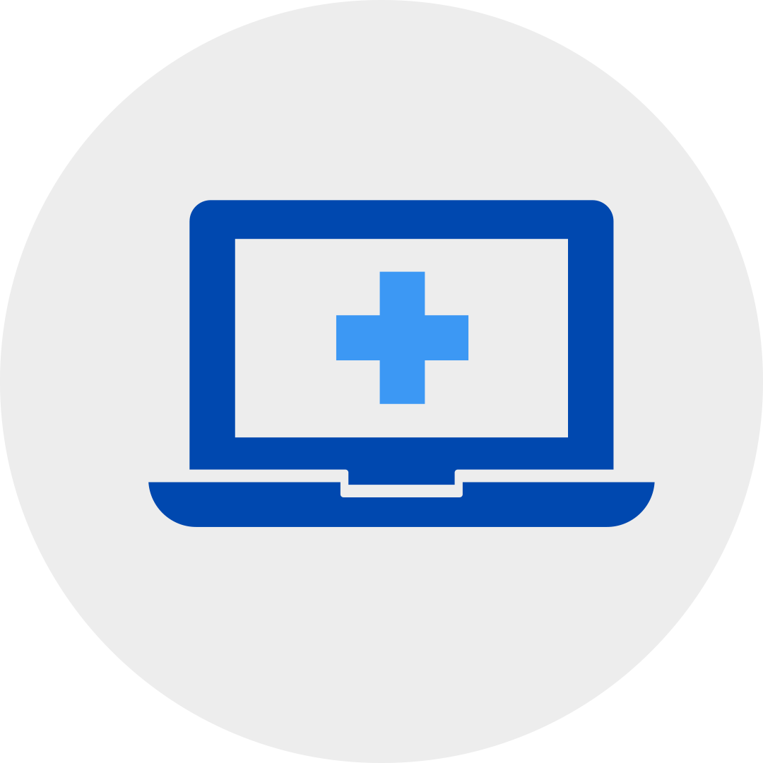 a medical cross displayed on the screen of a blue laptop in a grey circle.