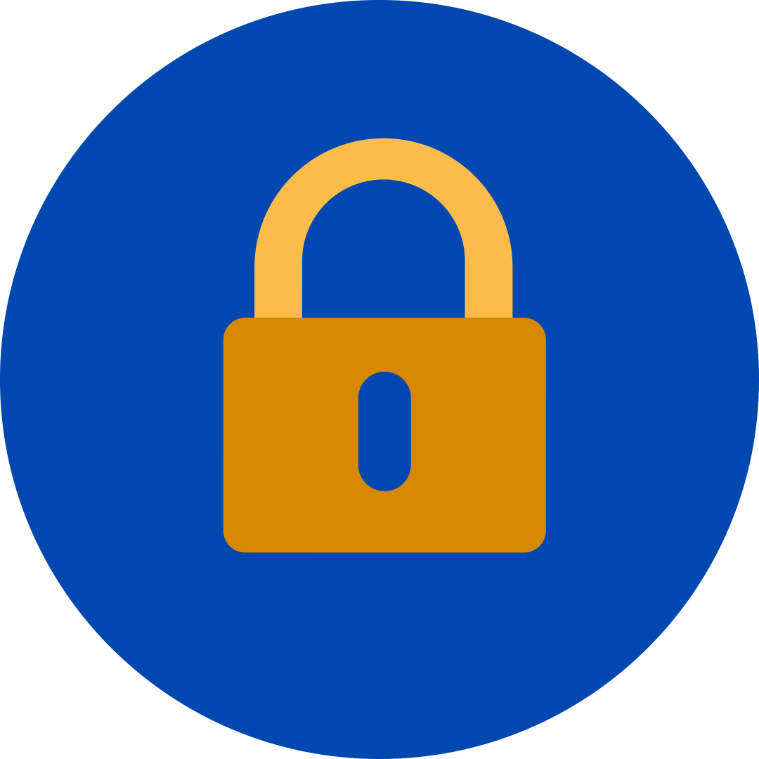 orange master lock in a blue circle.