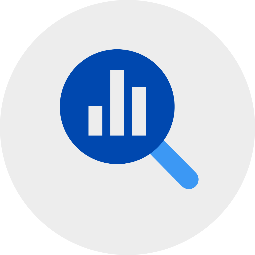 bar chart inside of blue magnifying glass in a grey circle