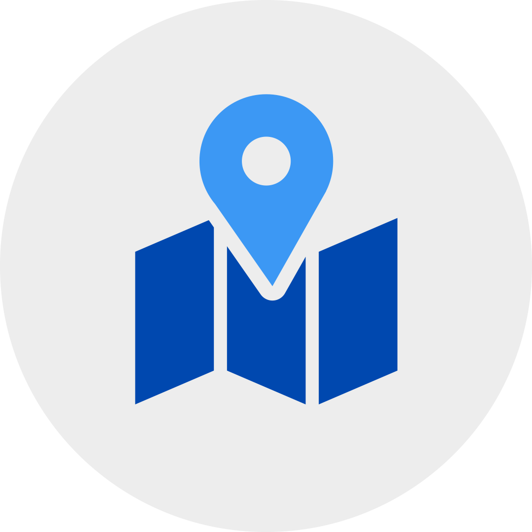 blue map with location symbol in a grey circle