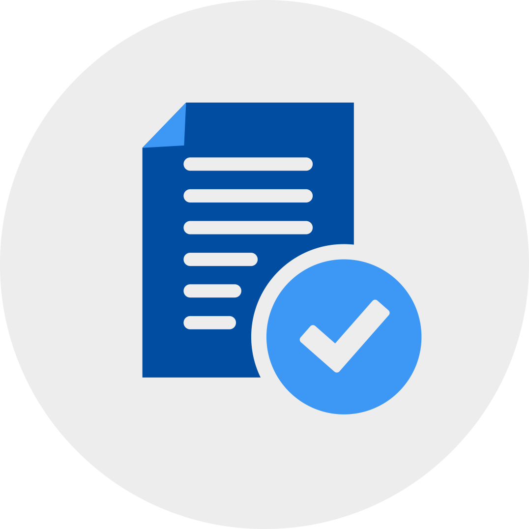A checkmark attached to blue memo document in a grey circle.