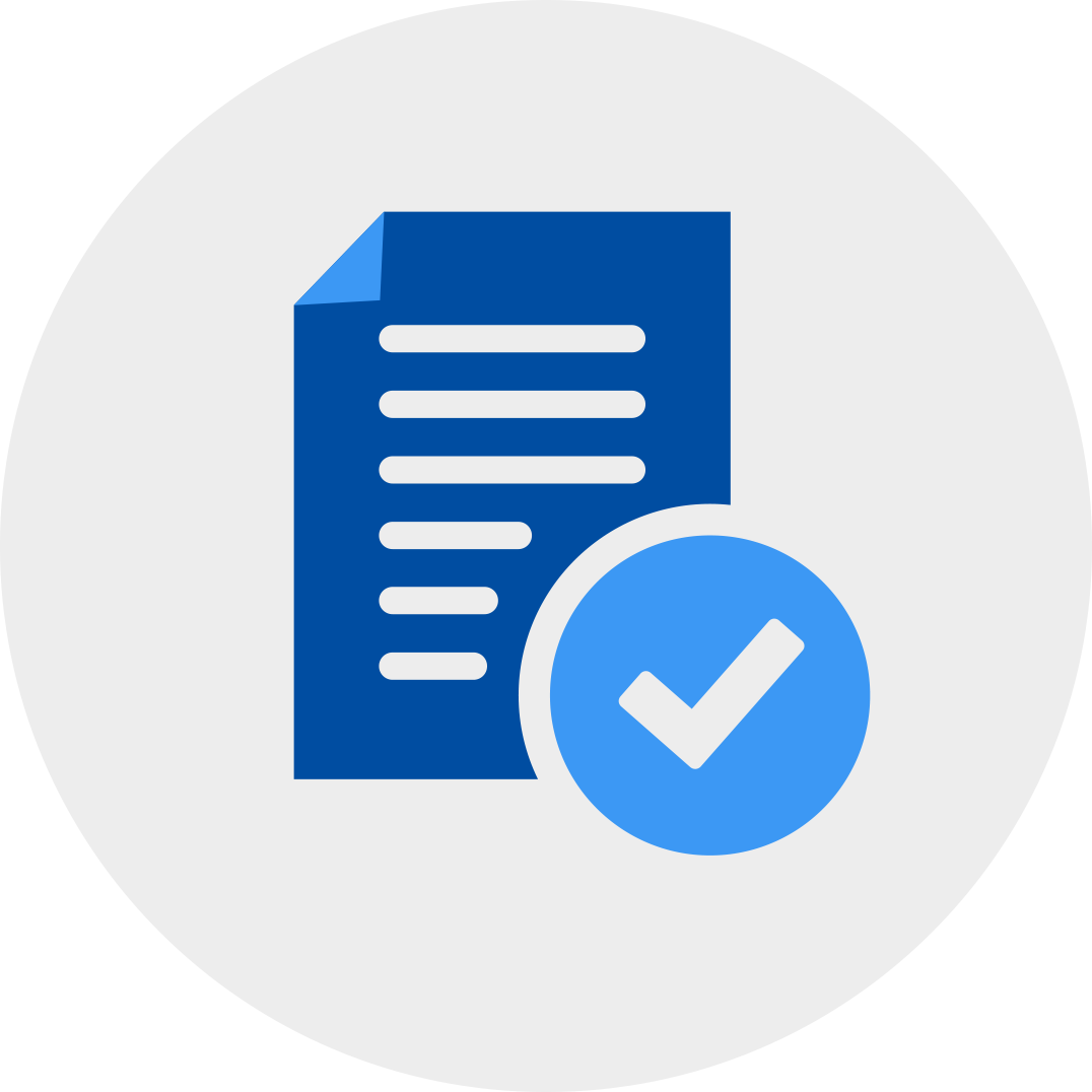 A checkmark attached to blue memo document in a grey circle.