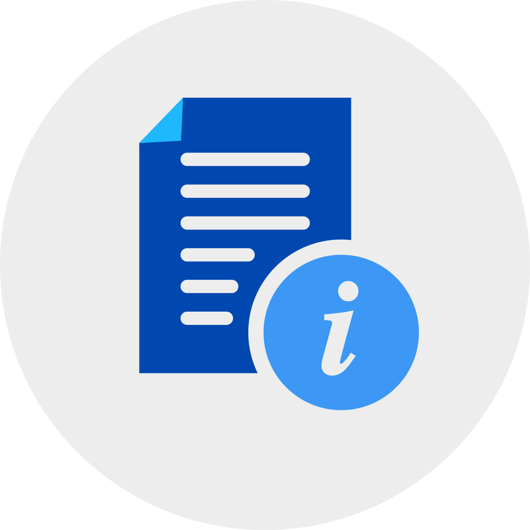 information circle symbol attached to a blue memo document file in a grey circle.