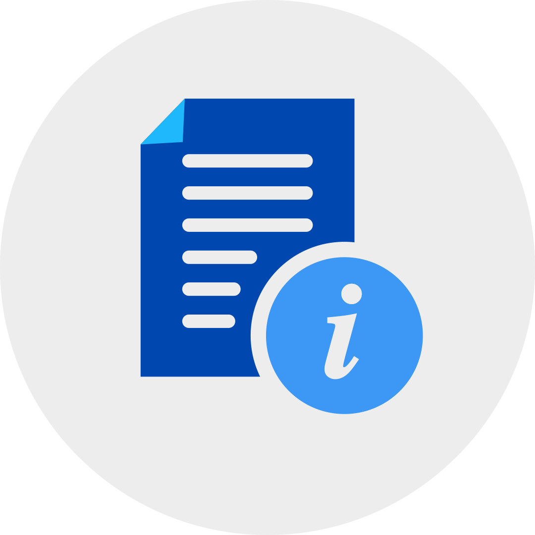 information circle symbol attached to a blue memo document file in a grey circle.