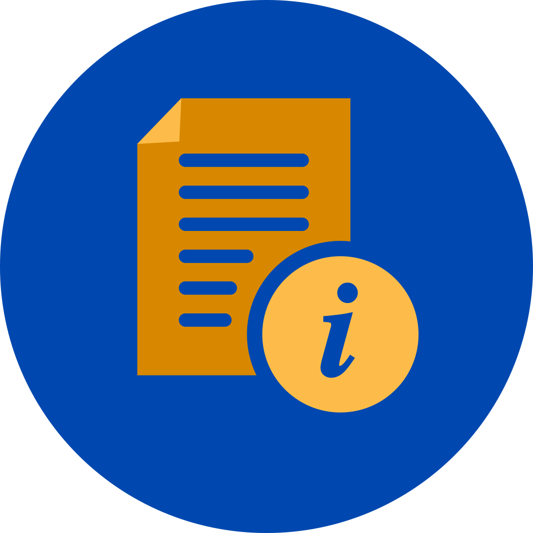 orange information circle attached to an orange memo document file in a blue circle.