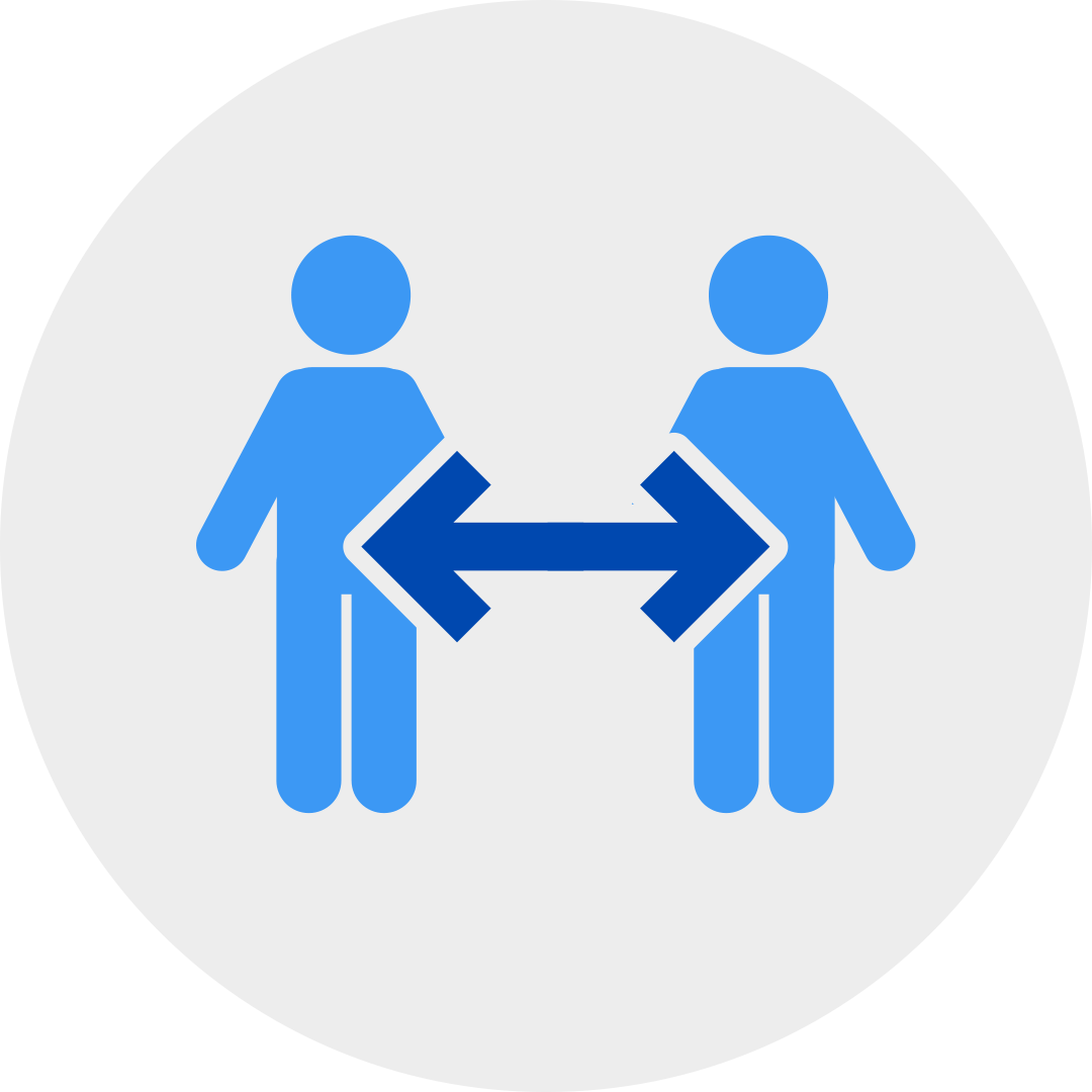 blue people with arrow showing distance between them in a grey circle
