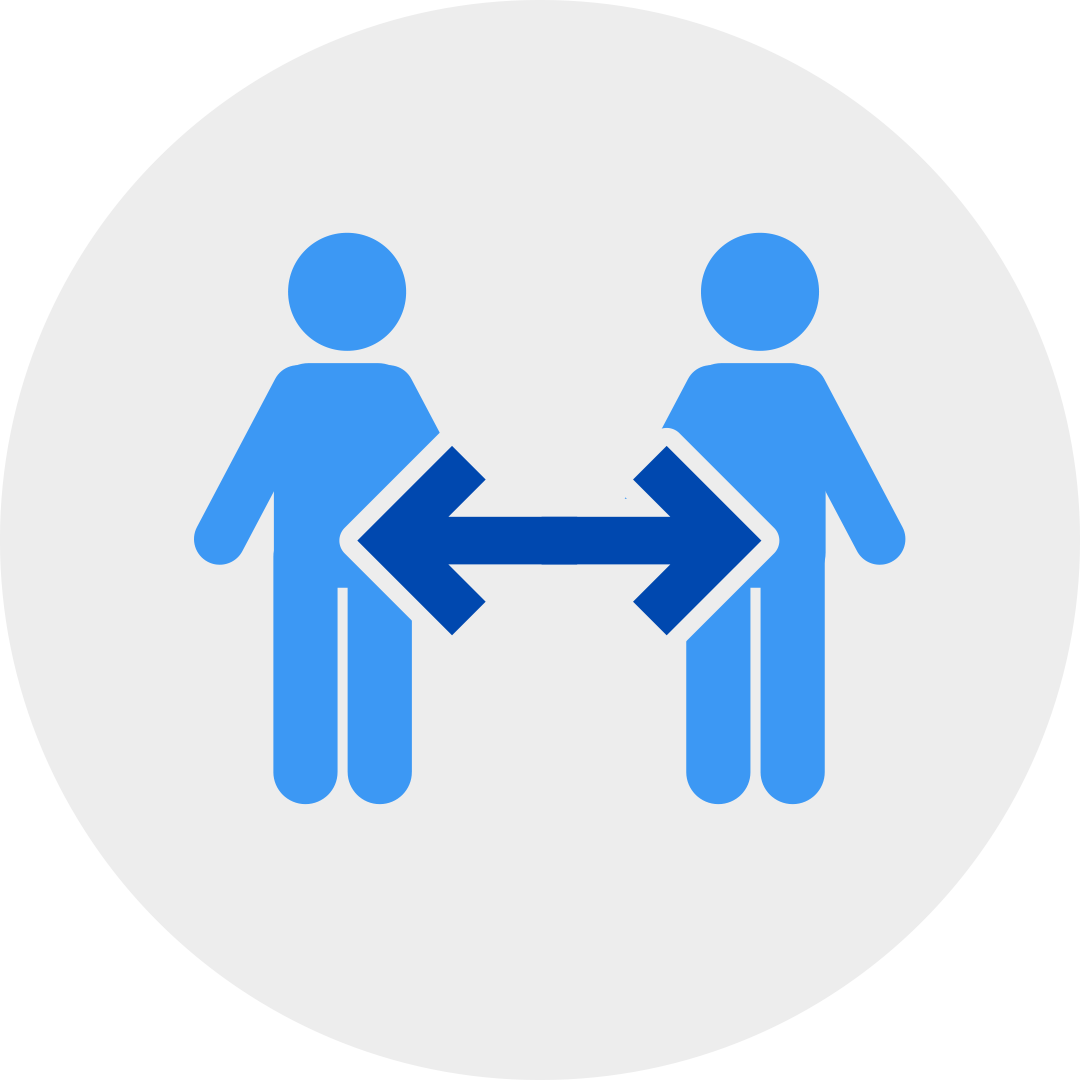 blue people with arrow showing distance between them in a grey circle