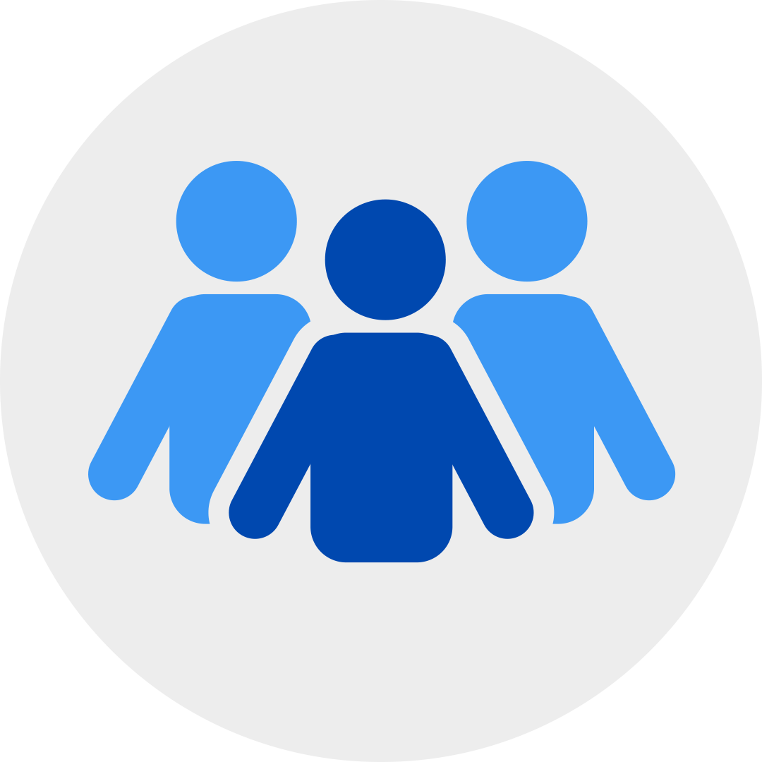 three blue people in a grey circle