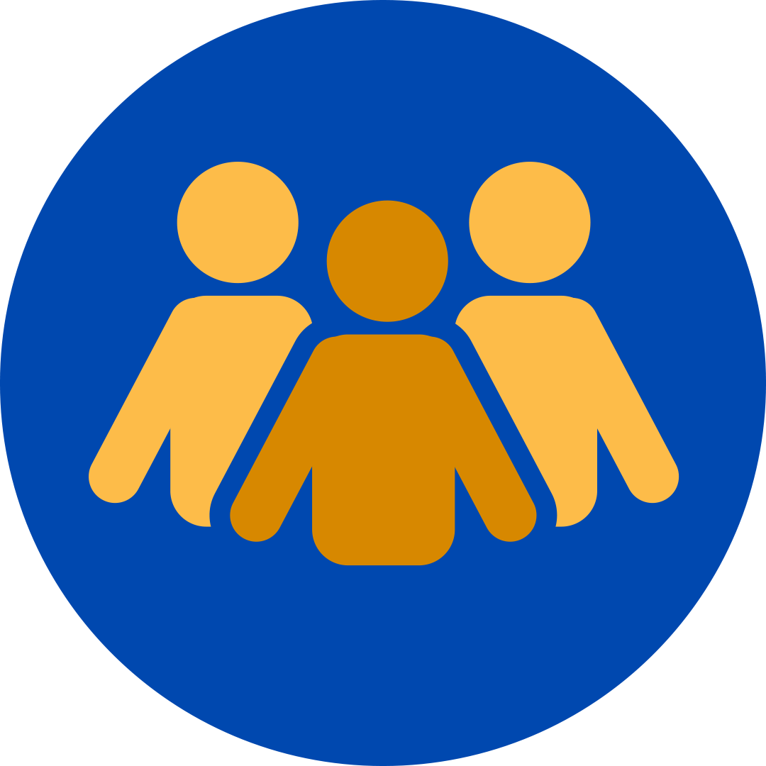 Three orange people in a blue circle.