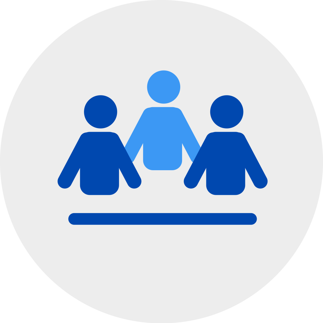 three blue people with line under them in a grey circle.