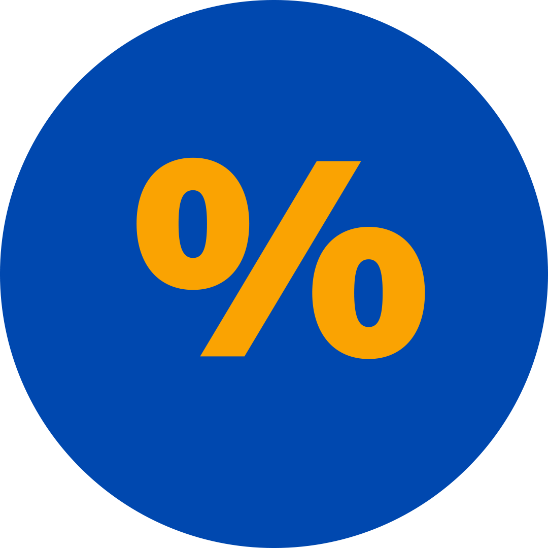 orange percentage sign in a blue circle.