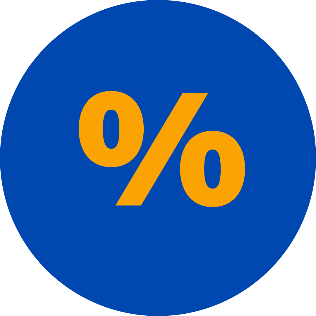 orange percentage sign in a blue circle.