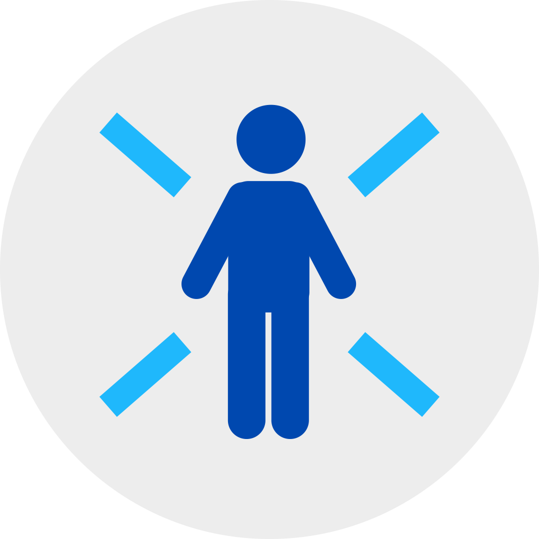blue person with four rays in each corner in a grey circle.