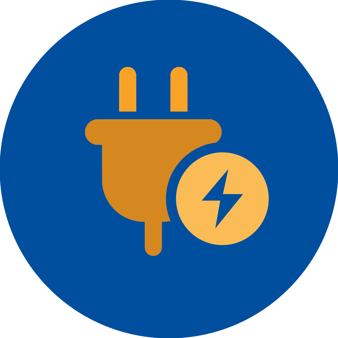 Orange plug with yellow circle power lightning bolt in a blue circle.