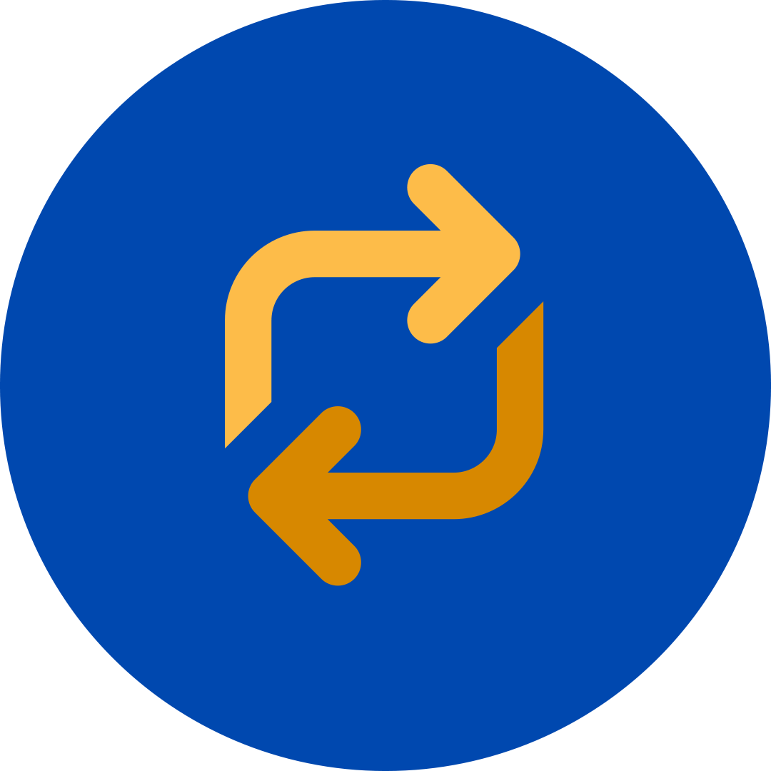 Yellow and Orange repeat symbol in a blue circle.