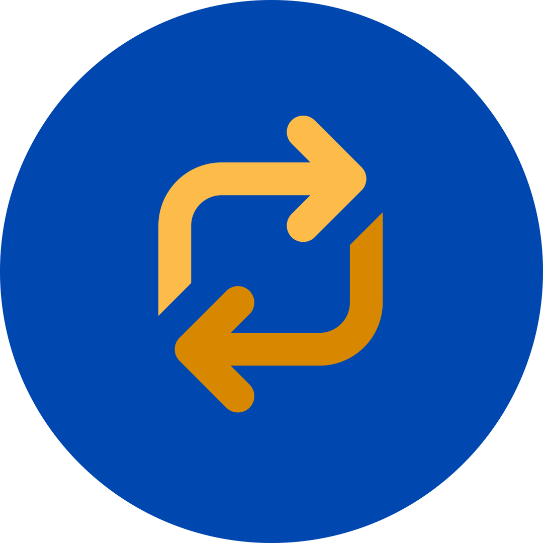 Yellow and Orange repeat symbol in a blue circle.