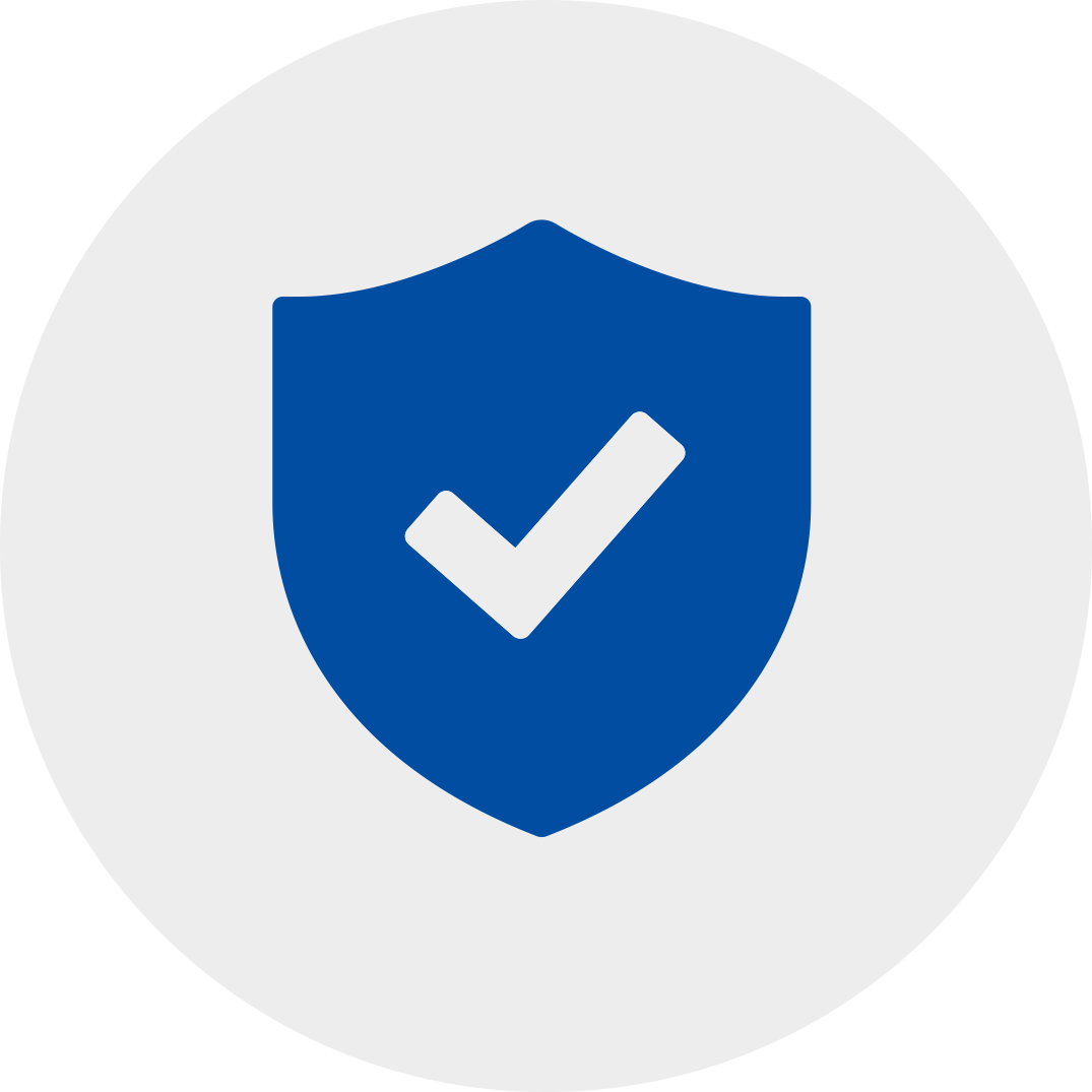 white check mark on a blue shield in a grey circle.
