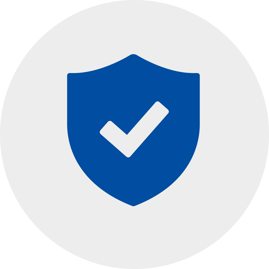 white check mark on a blue shield in a grey circle.