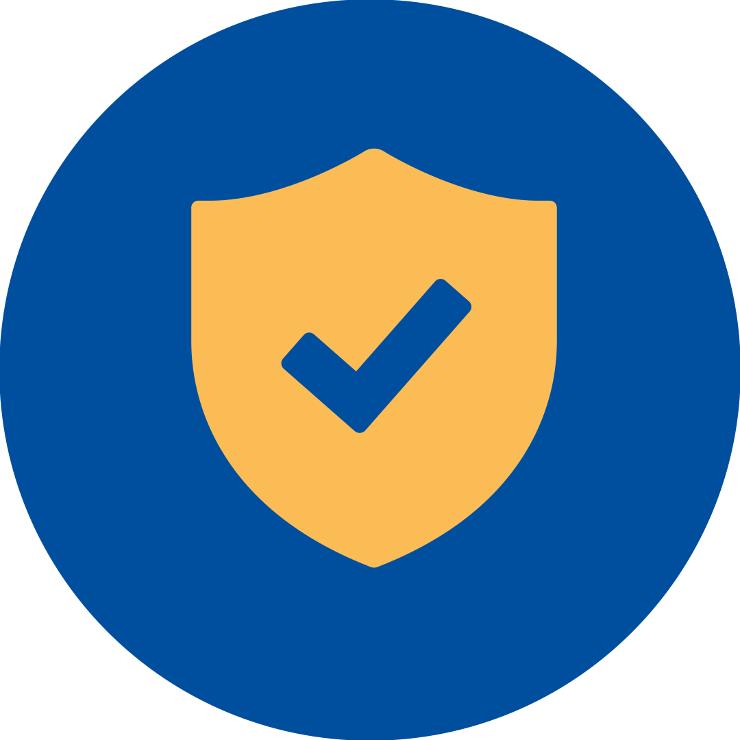 Orange shield with a check mark in the center of a blue circle.