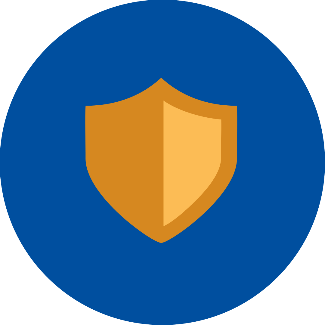 Orange shield in a blue circle.