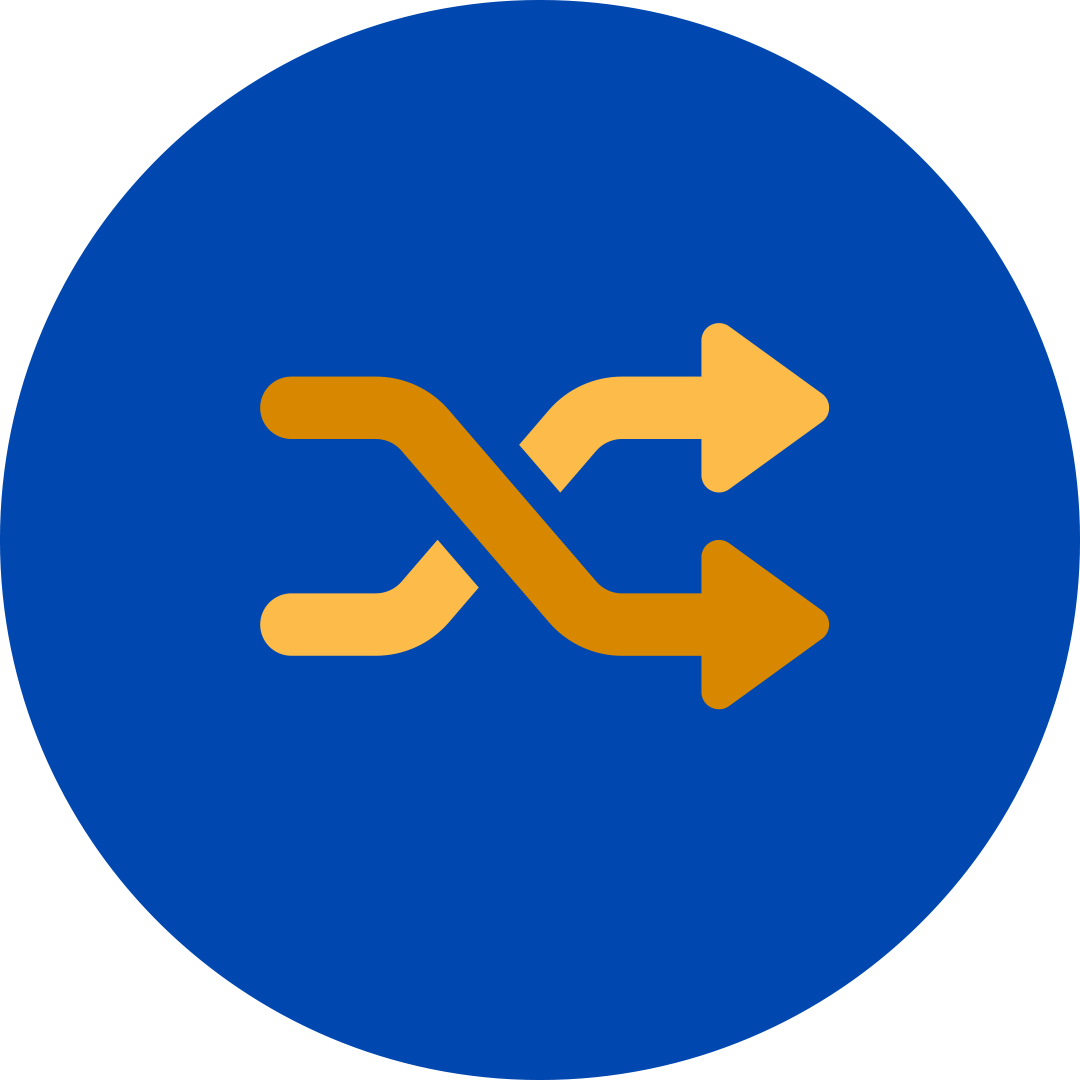 Yellow shuffle symbol in a blue circle.