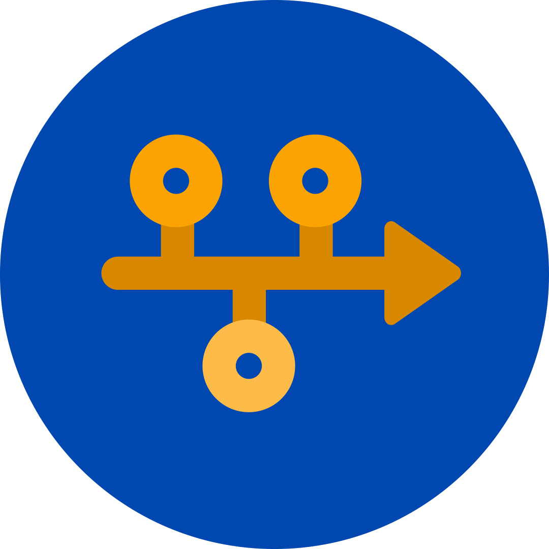 orange timeline on an arrow in a blue circle.