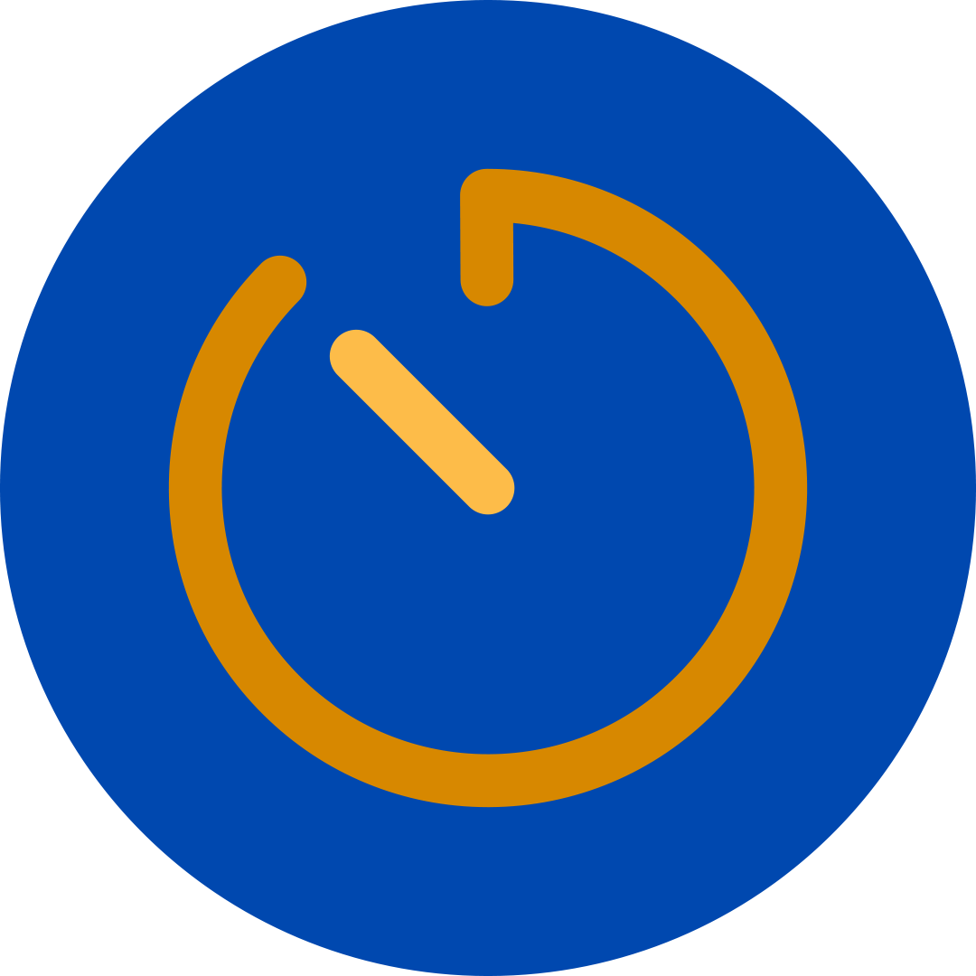 Orange timer symbol in a blue circle.