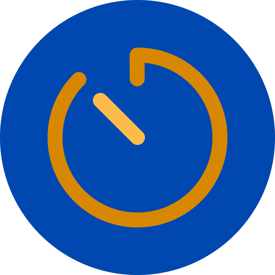 Orange timer symbol in a blue circle.