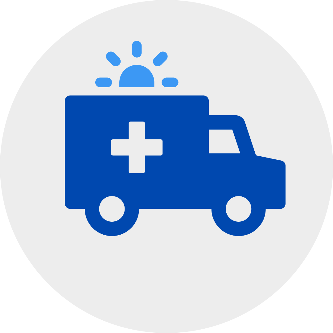 blue medical truck with siren light on in a grey circle