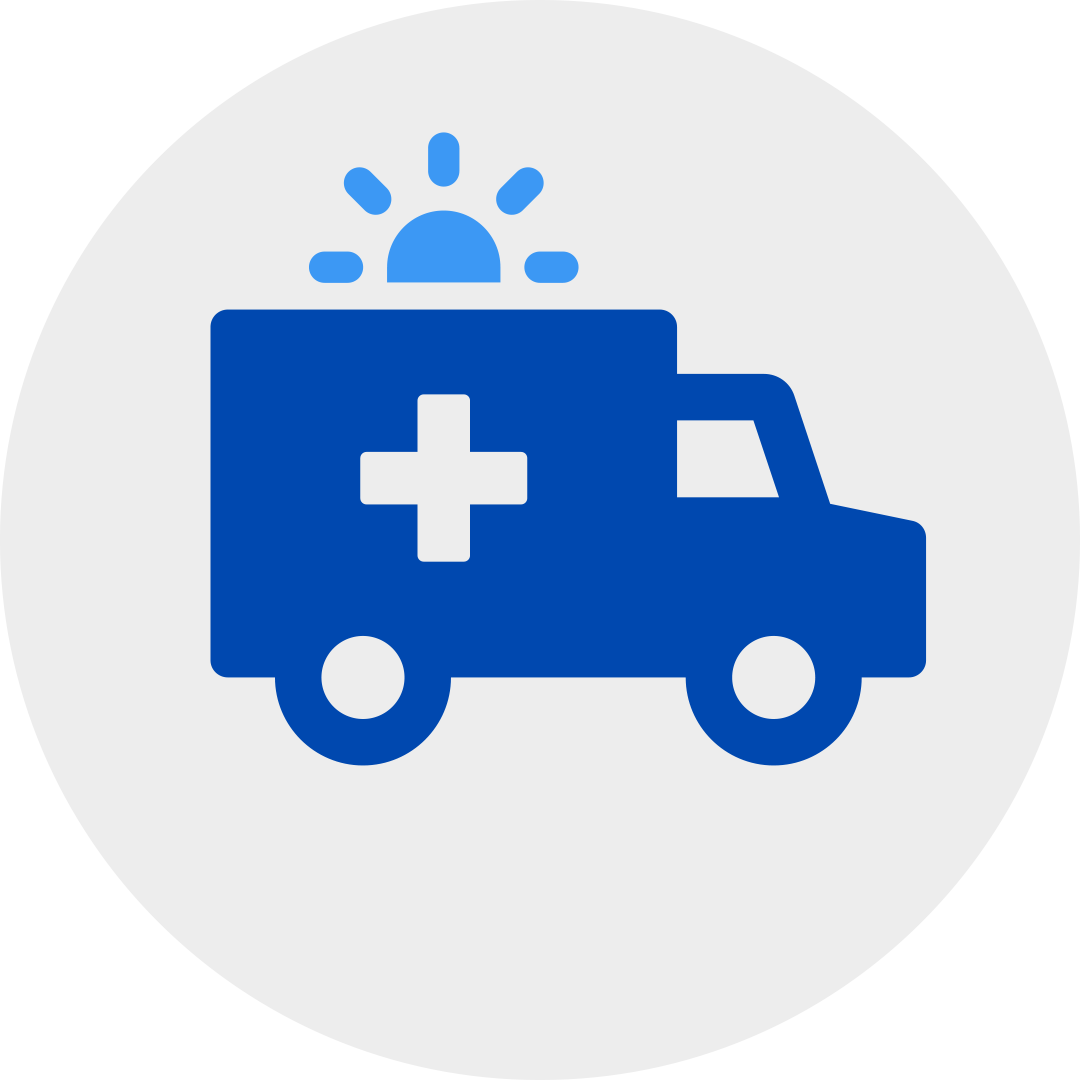 blue medical truck with siren light on in a grey circle