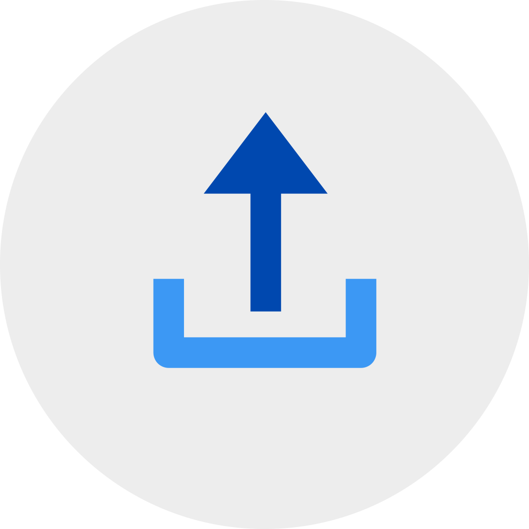 blue upload symbol in a grey circle.