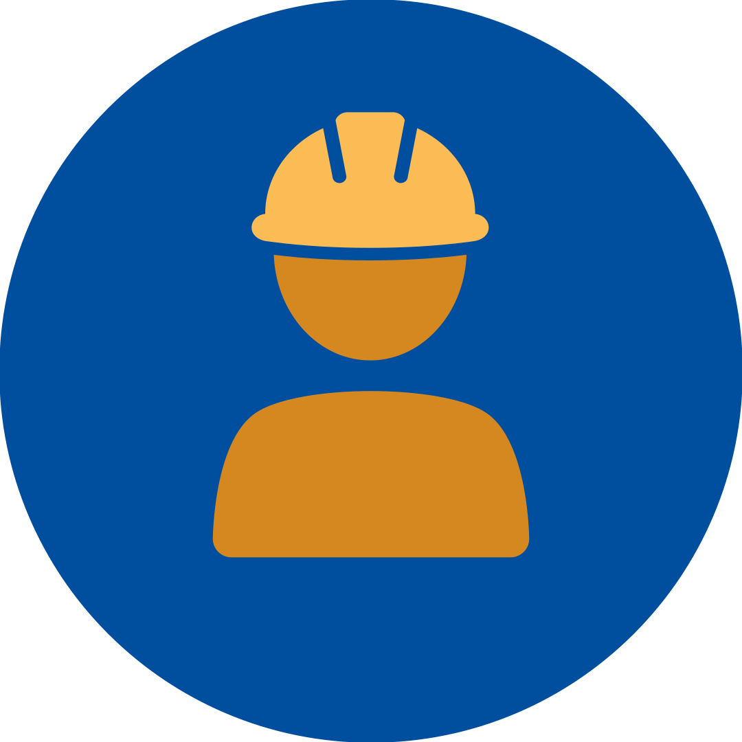 Orange person with a safety helmet in a blue circle.