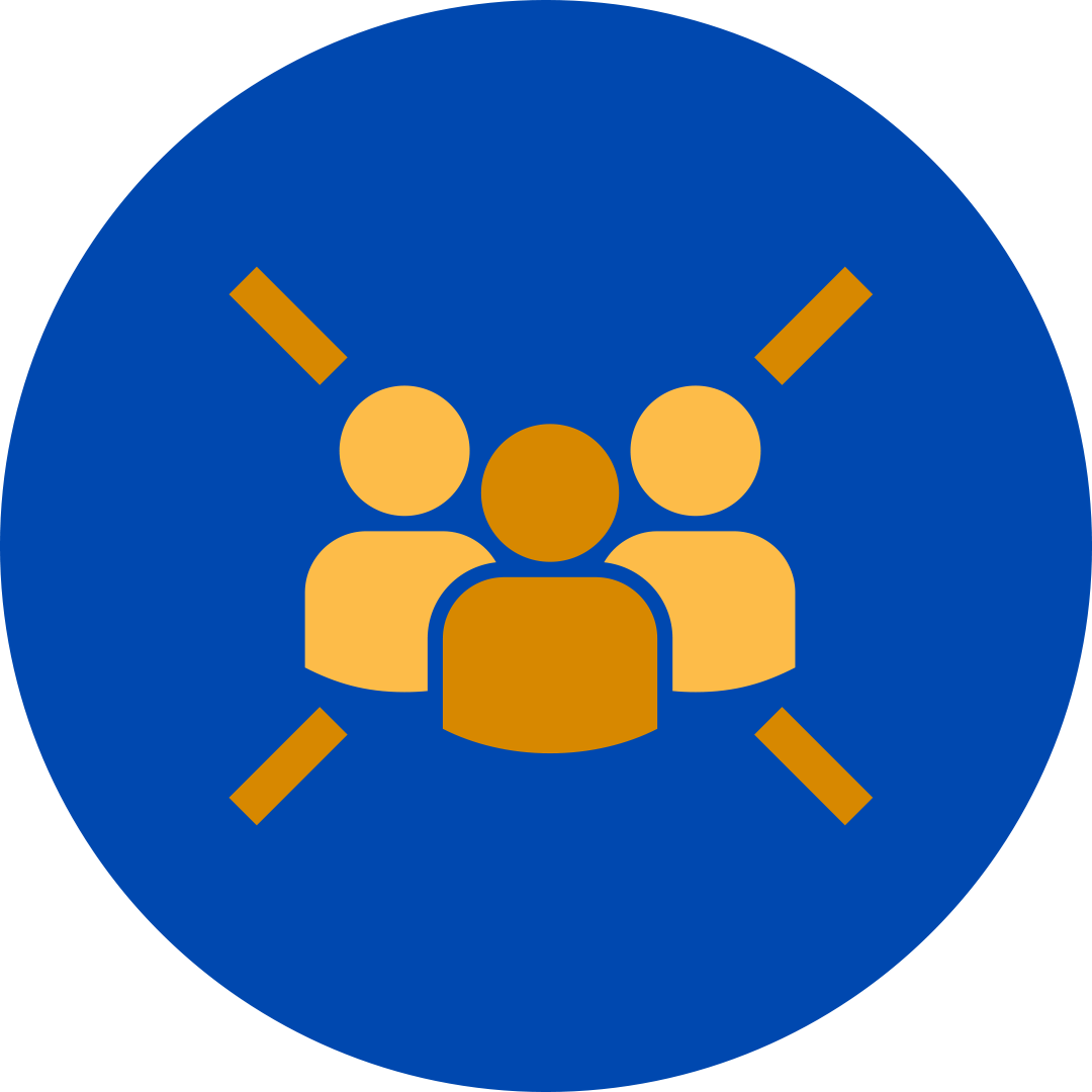 Three yellow people with ray coming out on each corner in a blue circle.