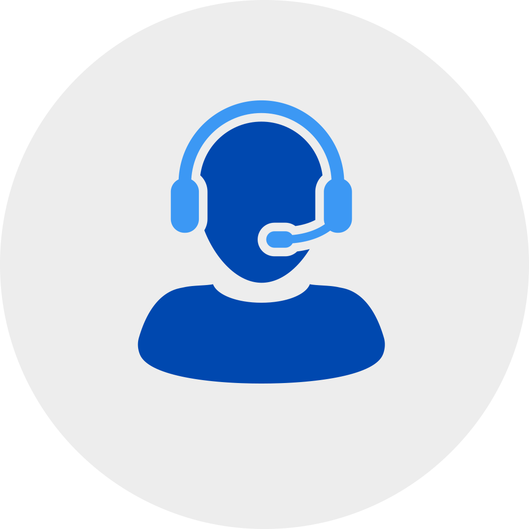 blue person with a headset in a grey circle