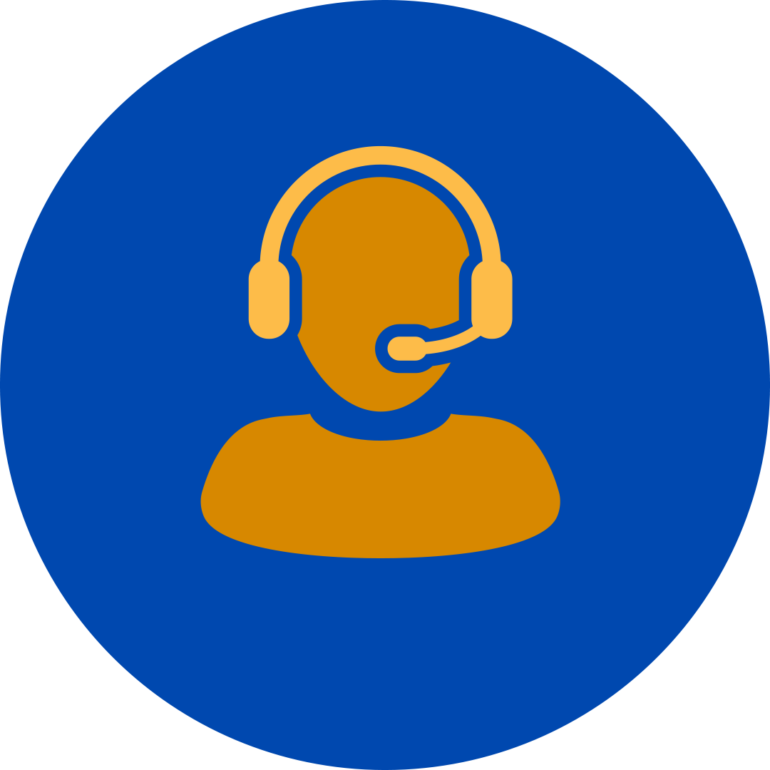 Orange person with a headset in a grey circle.