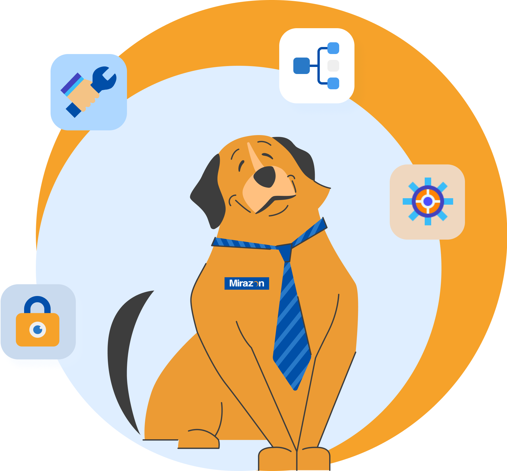 Animated brown dog as a happy Mirazon employee with a striped blue tie collar with different IT tools hovering above the dog