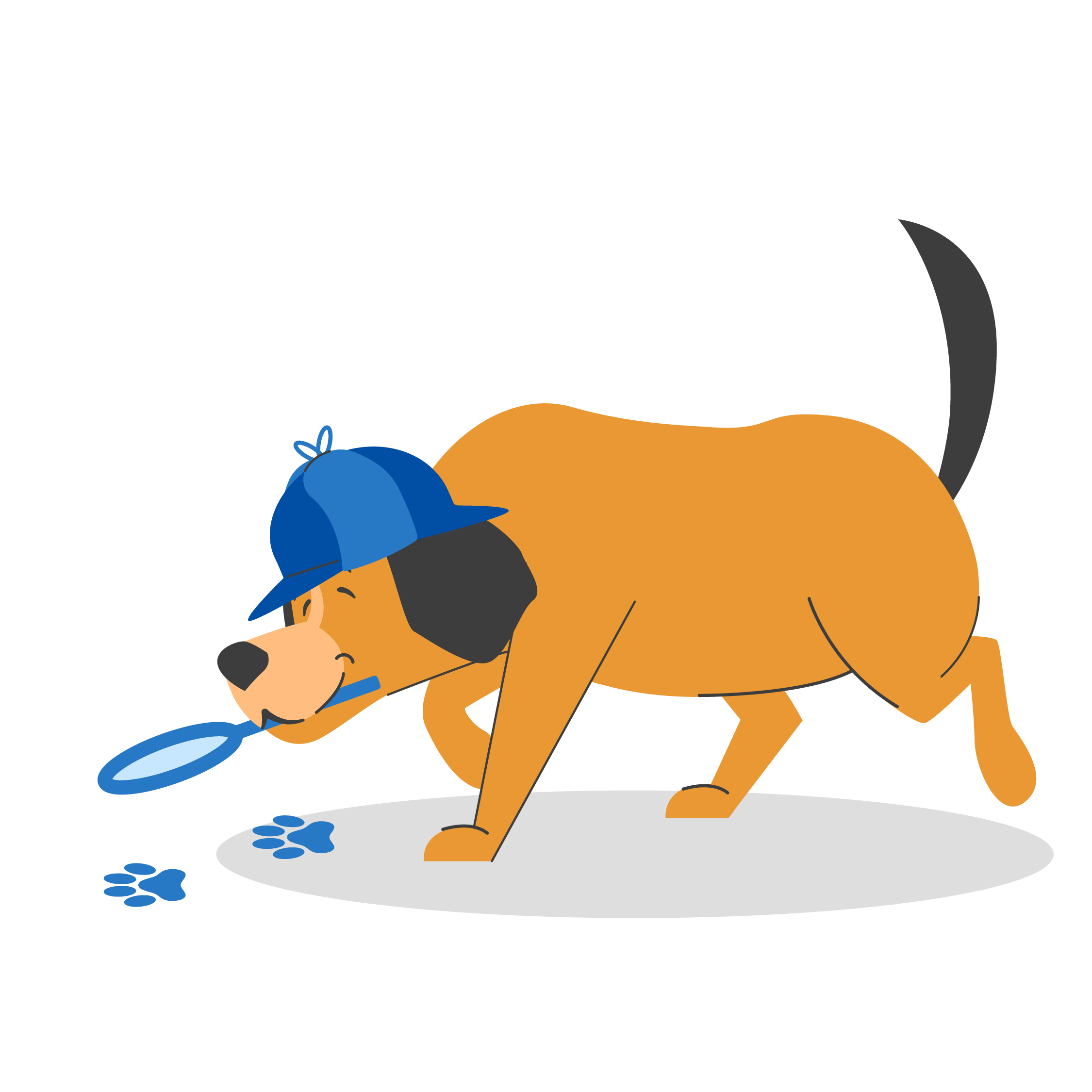 Animated brown dog investigating blue paw prints on the floor with a blue magnifying glass in mouth