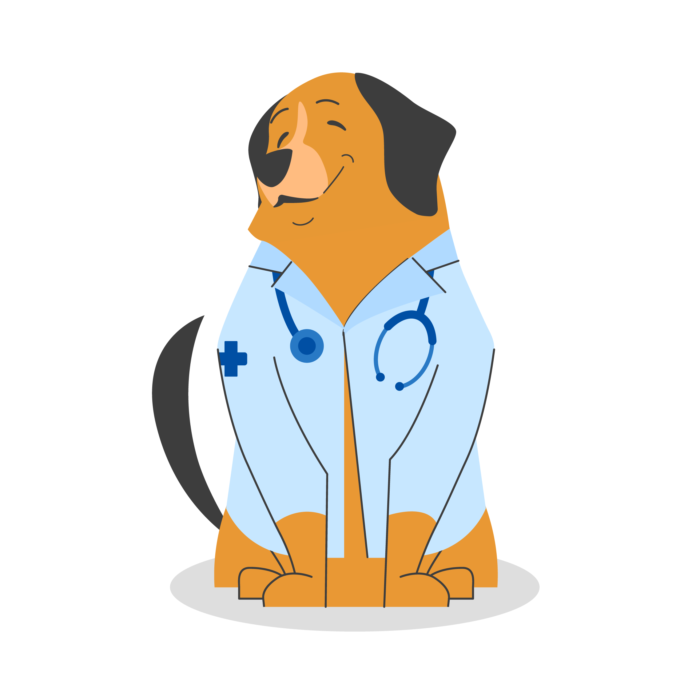 animated dog sitting and smiling with a blue lab coat and stethoscope around neck