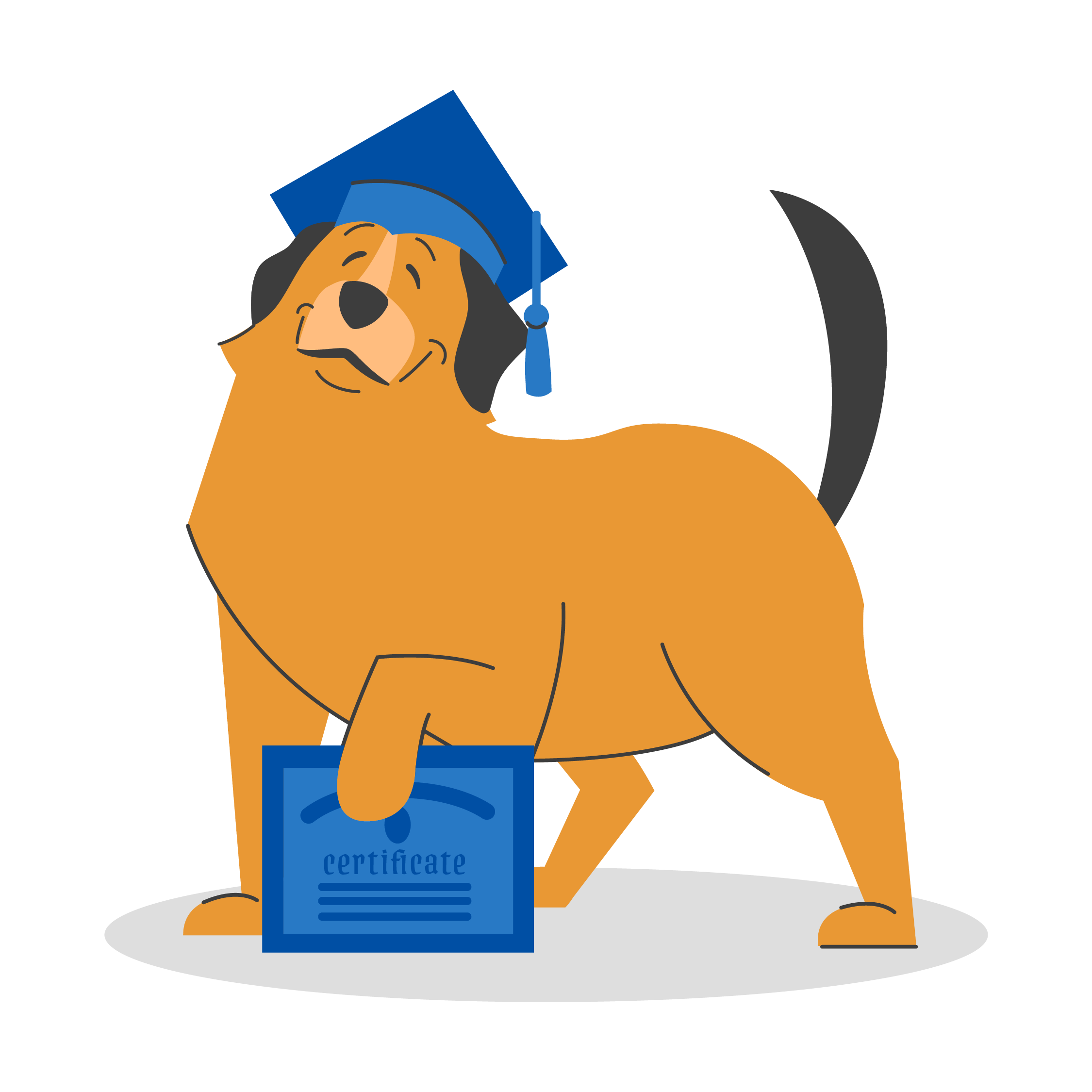 Animated brown dog standing and smiling with a blue graduation cap on, holding a graduation certificate