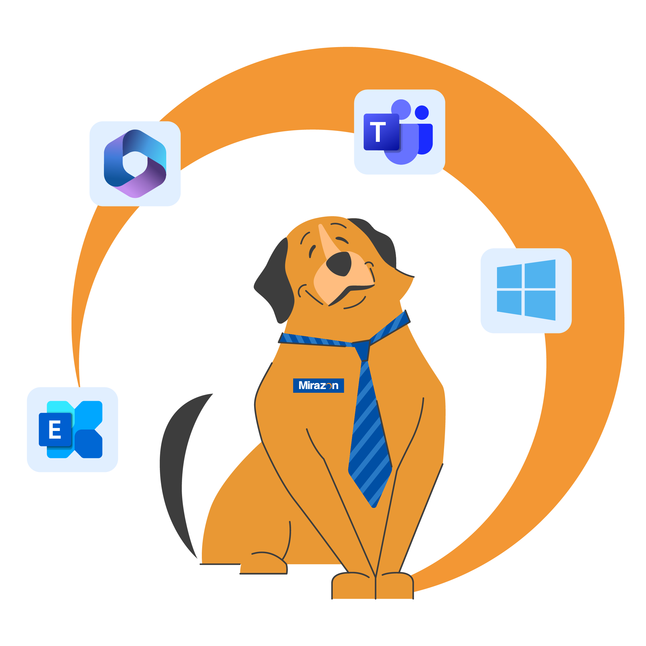 Animated brown dog as a happy Mirazon employee with a striped blue tie collar, Microsoft applications hovering above the dog