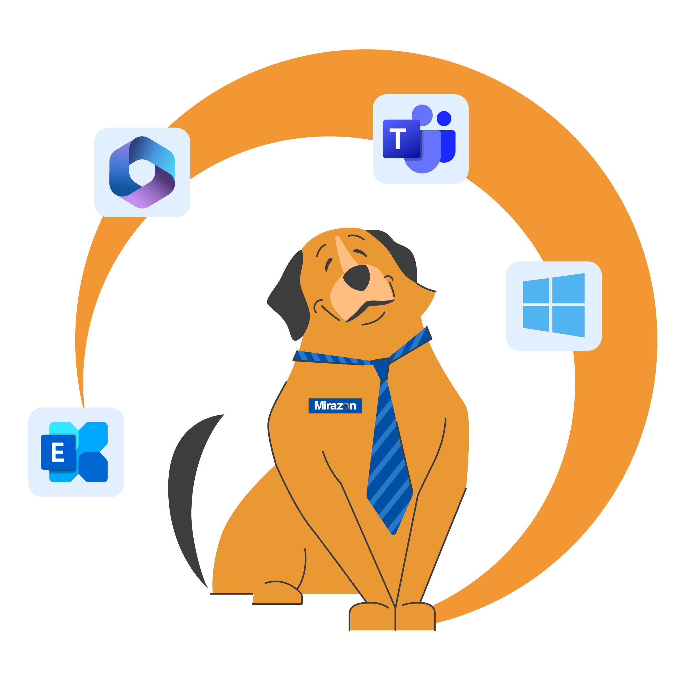 Animated brown dog as a happy Mirazon employee with a striped blue tie collar, Microsoft applications hovering above the dog