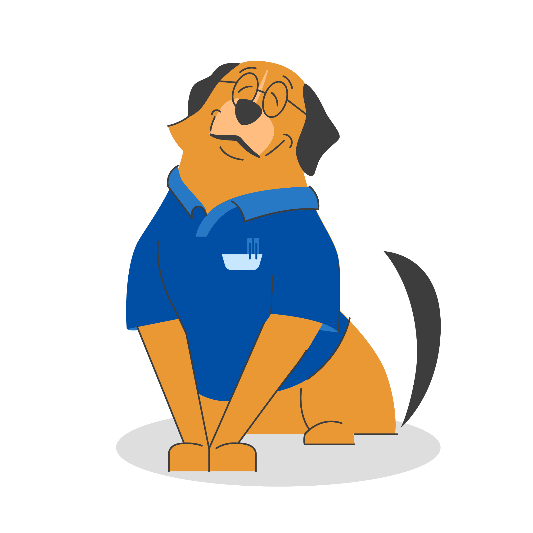 animated brown dog wearing a blue collared tee, sitting and smiling with glasses one