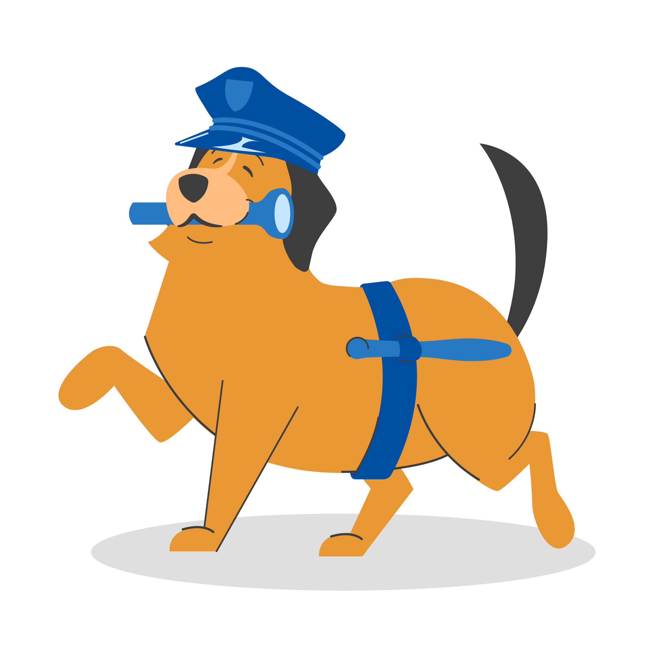 Animated brown dog walking with a blue service cap on its head, a blue flashlight in its mouth and a blue baton attached to a blue belt