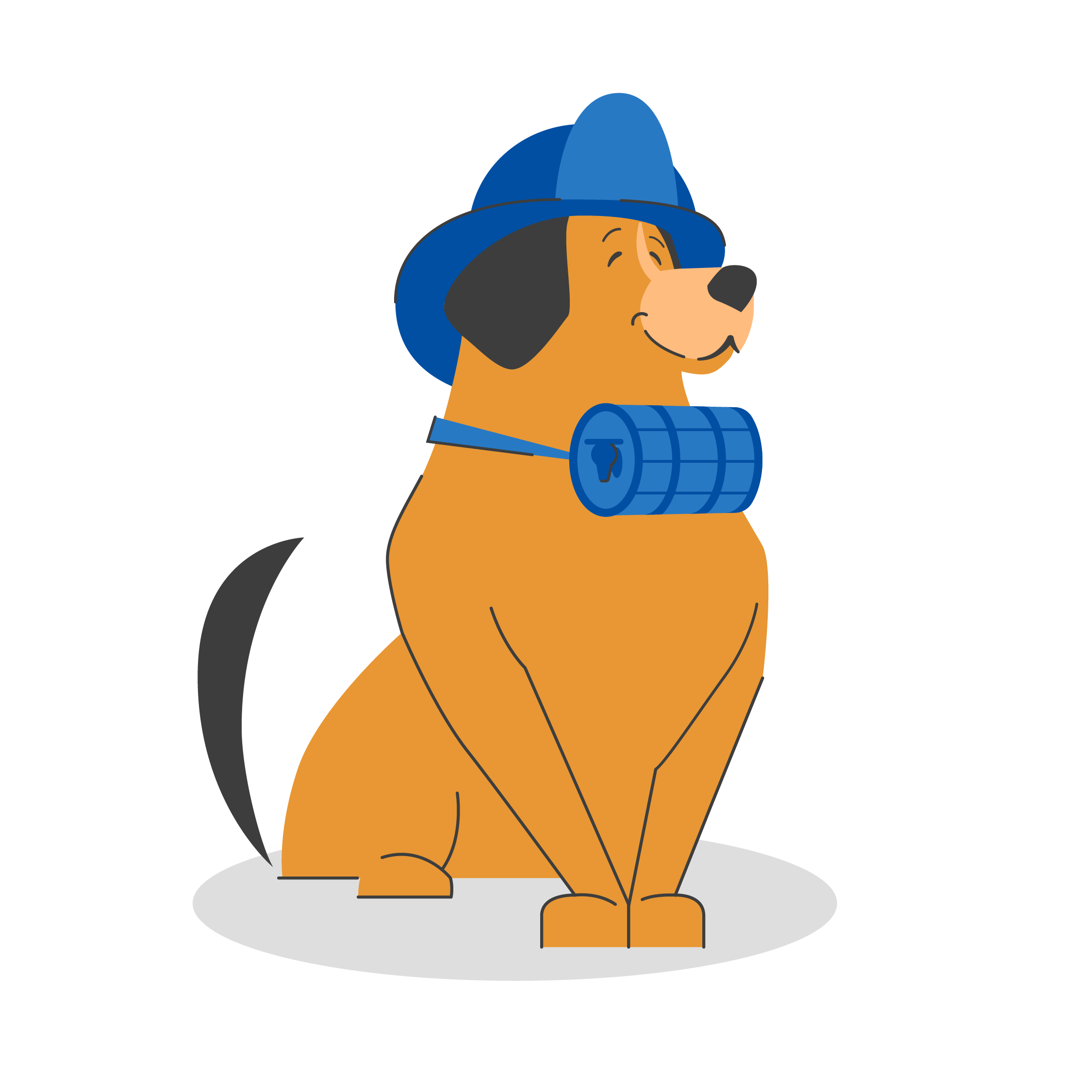animated brown dog sitting with a blue hard hat and a blue whiskey barrel dog collar