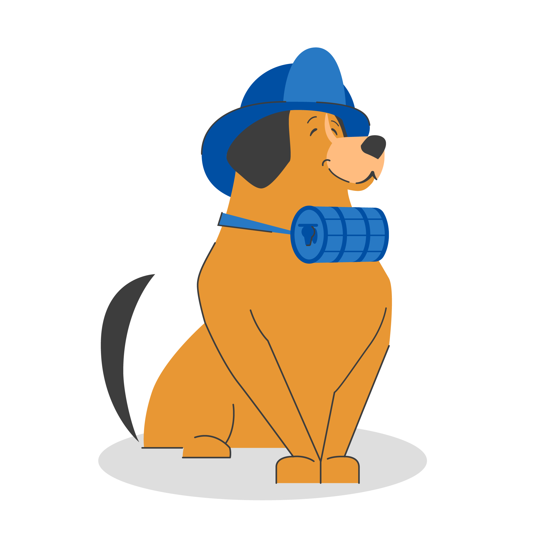 animated brown dog sitting with a blue hard hat and a blue whiskey barrel dog collar.