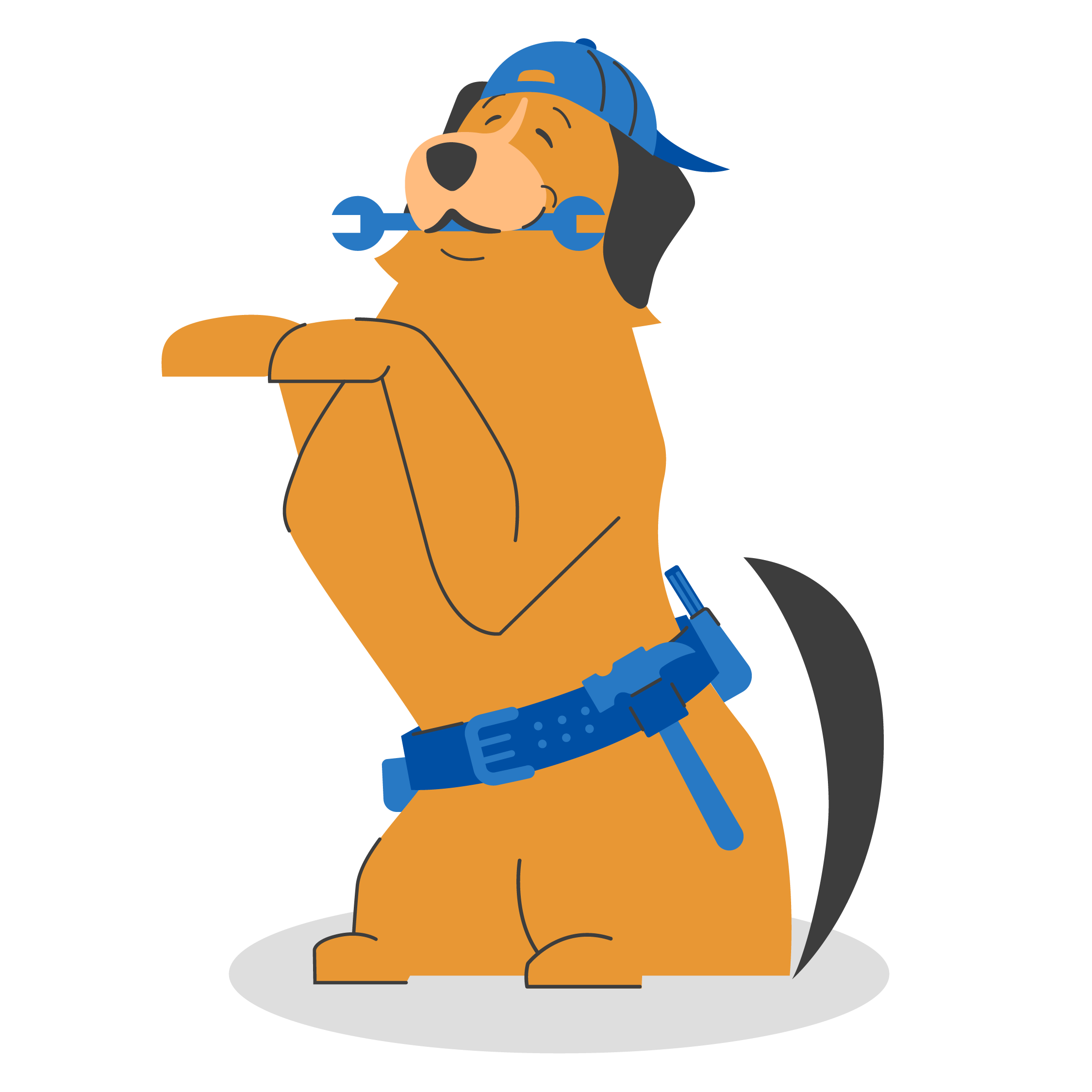 animated brown dog sitting up with blue wrench in its mouth and a blue tool belt around waist