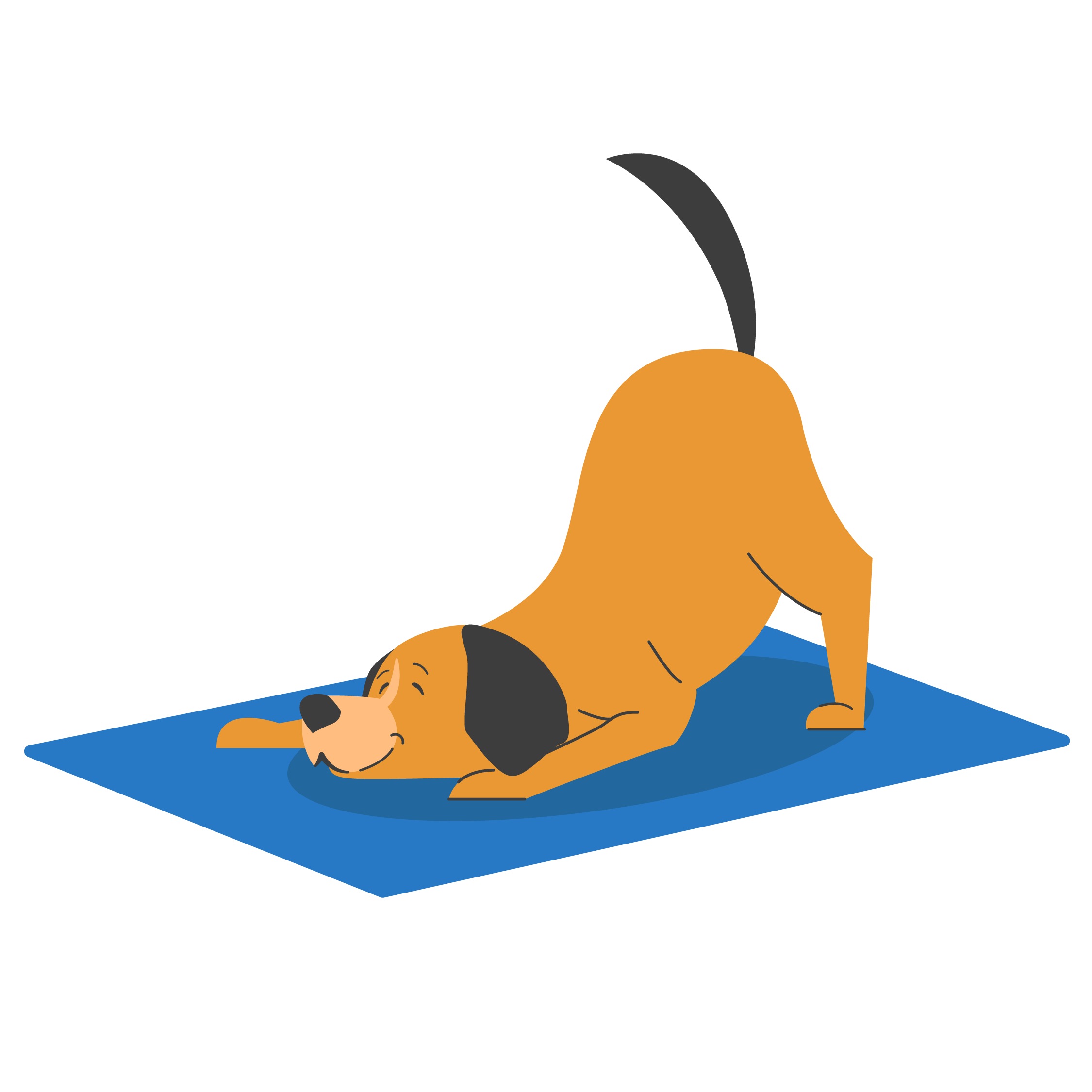 Animated brown dog in the downward dog yoga position on a blue yoga mat